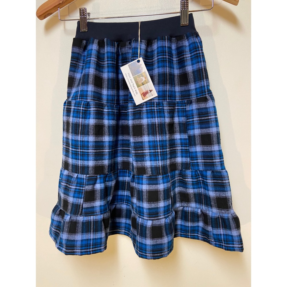 Girls Flannel Mom and Pop's Kids Skirt Size 5 Blue Plaid Upcycled Tiered Maxi
